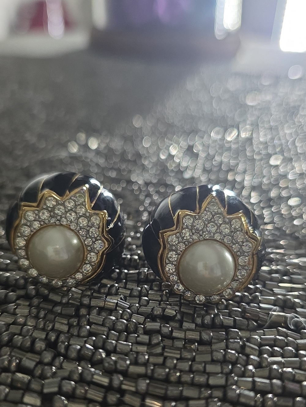 Gold-Tone Black Pearl & Crystal Clip-On Earrings